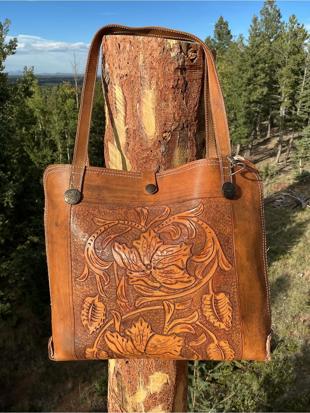 Tooled Leather Floral Tote Bag | Vintage Western Boho Shoulder Bag/ Double Sided - Picture 3 of 13